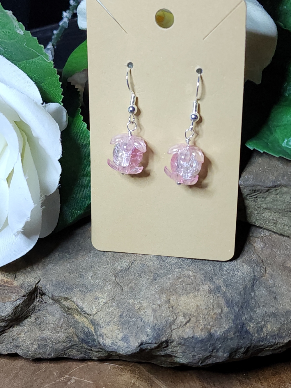 Hand Crafted Pink Crackled Glass Dangle Earrings With Flower Accents